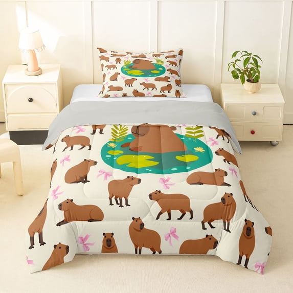 Erosebridal Cartoon Capybara Twin Comforter Sets 3-Piece For Kids,Kawaii Pink Ribbon Bowknot Bedding Set For Boys Girls,Grey Reversible