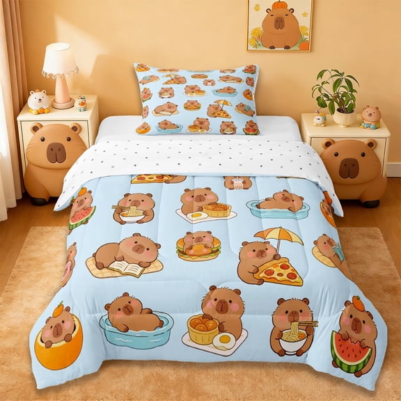 Erosebridal Cartoon Capybara Twin Comforter Sets,Cute Animal Print Bedding Set For Kids Reversible 2-Piece