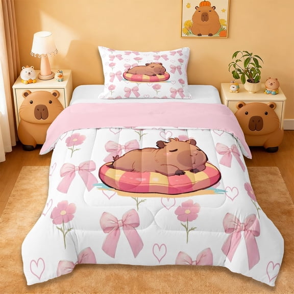 Erosebridal Cartoon Capybara Twin Comforter Sets For Cute Animals Lover,Pink Bows Cartoon Bowtie Bedding Set For Kids ,Reversible Pink 2pcs