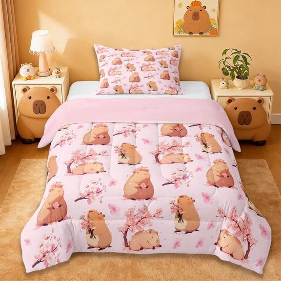 Erosebridal Cartoon Capybara Twin Comforter Sets For Kids,Pink Cherry Blossom Bedding Set For Cute Animals Lover ,Reversible Pink 2-Piece