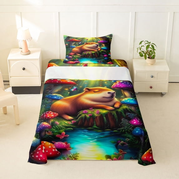 Erosebridal Cartoon Capybara Twin Sheet Sets,Colorful Mushroom Fungus Planet Bedding For Kids Teens 3pcs