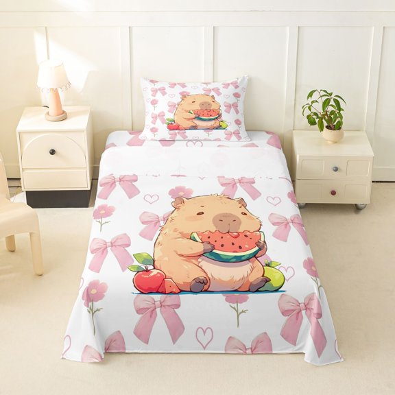 Erosebridal Cartoon Capybara Twin Sheet Sets,Watermelon Apple Pattern Bedding For Capybara Lovers 3-Piece