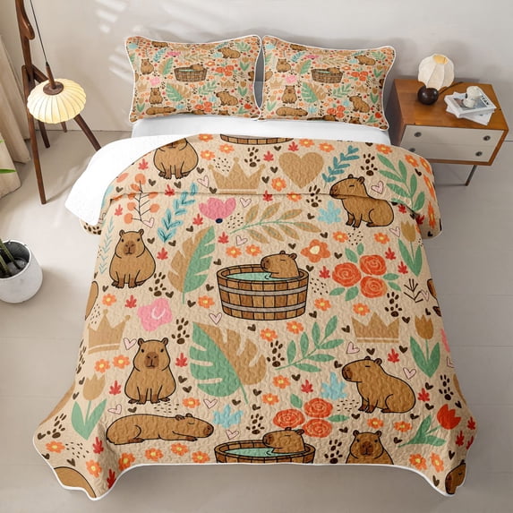 Erosebridal Cartoon Capybaras Bed Spread Queen,Funny Mouse Rodent Tropical Monstera Leaf Queen Coverlet Set For Capybara Lovers,3 Pieces