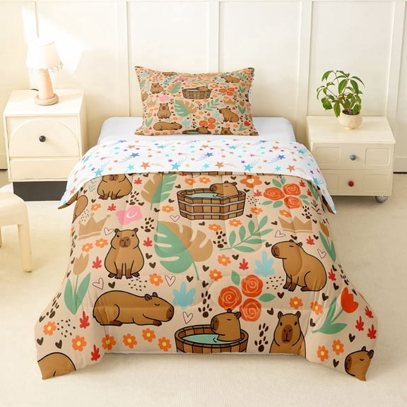 Erosebridal Cartoon Capybaras Twin Comforter Sets,Funny Mouse Rodent Tropical Monstera Leaf Bedding Set For Capybara Lovers Reversible 2-Piece