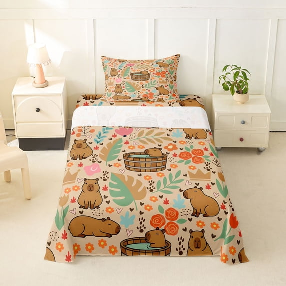 Erosebridal Cartoon Capybaras Twin Sheet Sets,Funny Mouse Rodent Tropical Monstera Leaf Bedding For Capybara Lovers 3-Piece