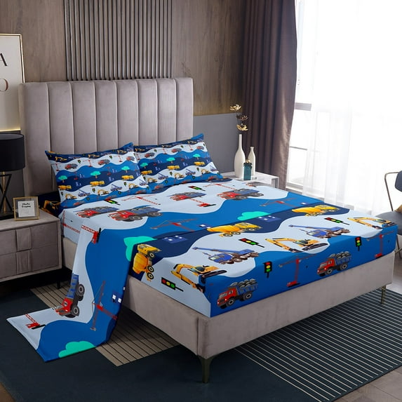 Erosebridal Cartoon Car Bed Sheets Set Twin,Construction Truck Sheet Set,Excavator Sheets,Machinery Truck Flat Fitted Sheet with 1 Pillowcase Deep Pockets