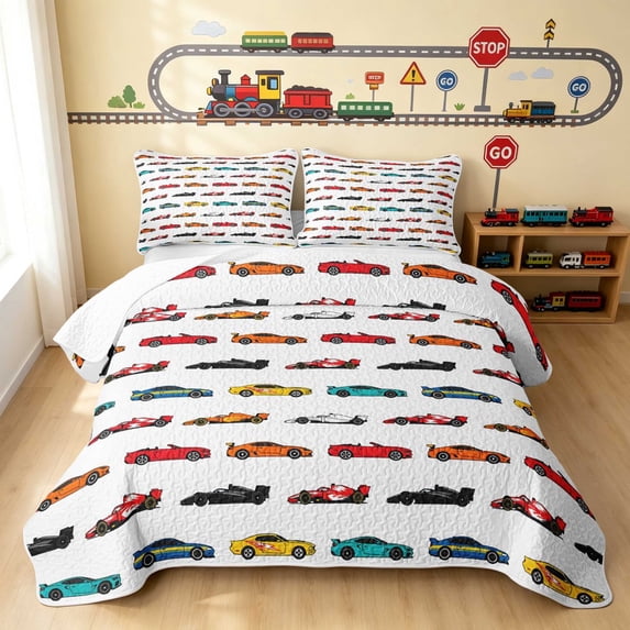 Erosebridal Cartoon Car Bed Spread Queen, Sports Car Queen Coverlet Set, White 3-Piece 1 Quilt and 2 Pillowcases