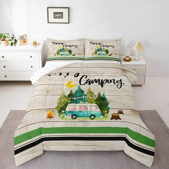 Erosebridal Cartoon Car Bedding King Comforter Set,Happy Camping Comforter Sets King Size,Lodge Cabin Duvet Insert,Breathable Boys Bedroom Decor,Reversible,3pcs
