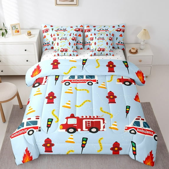 Erosebridal Cartoon Car Bedding Queen Size,Fire Truck Comforter Sets with Sheets,Breathable Bedding Sets Queen Size,Firefighter Car Decor,7 Pieces