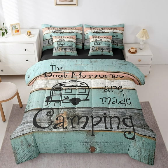 Erosebridal Cartoon Car Bedding Sets Twin Size,Happy Camping Comforter Sets with Sheets,Lodge Cabin Bed in a Bag Twin size,Breathable Boys Bedroom Decor,Reversible,7pcs