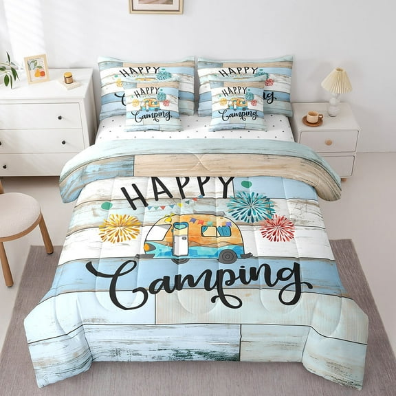 Erosebridal Cartoon Car Bedding Sets Twin Size,Happy Camping Comforter Sets with Sheets,Lodge Cabin Bed in a Bag Twin size,Breathable Boys Bedroom Decor,Reversible,7pcs