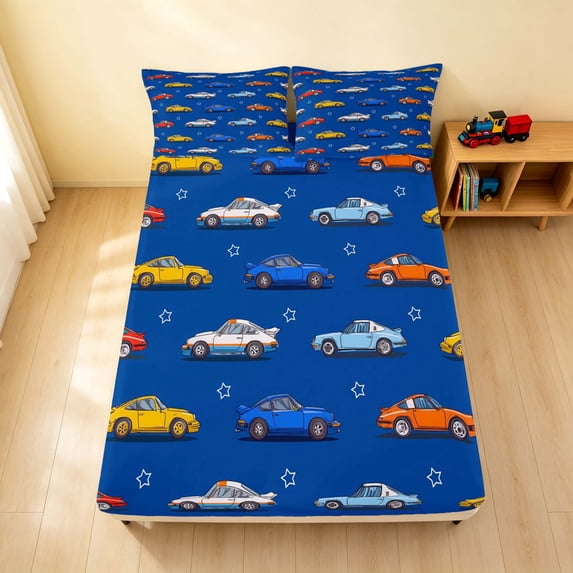 Erosebridal Cartoon Car Fitted Sheet, Blue Background Queen Bedding, Blue Cartoon Cars 3-Piece 1 Fitted Sheet and 2 Pillowcases