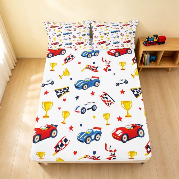 Erosebridal Cartoon Car Fitted Sheet, Trophy Queen Bedding, White Red 3-Piece 1 Fitted Sheet and 2 Pillowcases