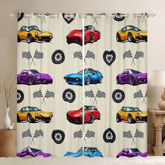 Erosebridal Cartoon Car Kitchen Curtains, Trophy Black Out Curtains Pack of 2 (42x63 Each), Cream Multi