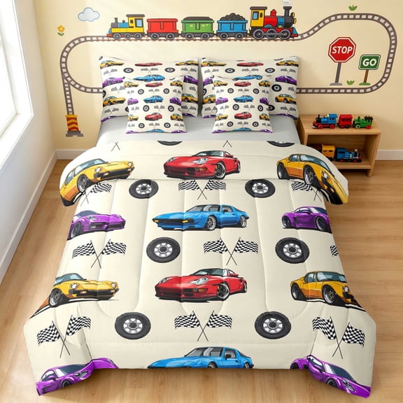 Erosebridal Cartoon Car Queen Bedding, Trophy Bedding Comforter Set Queen, Cream Multi, Gray Reversible 7-Piece