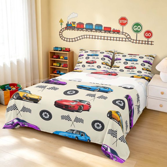 Erosebridal Cartoon Car Queen Sheets, Trophy Queen Sheet Sets, Cream Multi 4 Pieces (1 Flat Sheet, 1 Fitted Sheet and 2 Pillowcases)