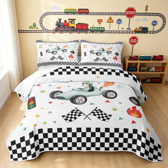 Erosebridal Cartoon Car Quilt King, Checkered Flag King Coverlet Set, White Cartoon 3 Pieces 1 Bedspread and 2 Pillowcases