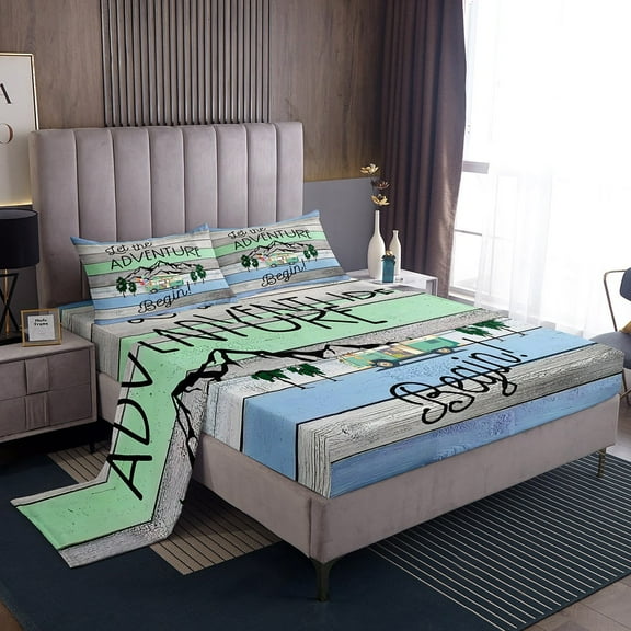 Erosebridal Cartoon Car Sheet Set Twin,Happy Camping Bedding Sets Twin Size,Lodge Cabin Twin Sheet Sets,Breathable Boys Bedroom Decor,3pcs