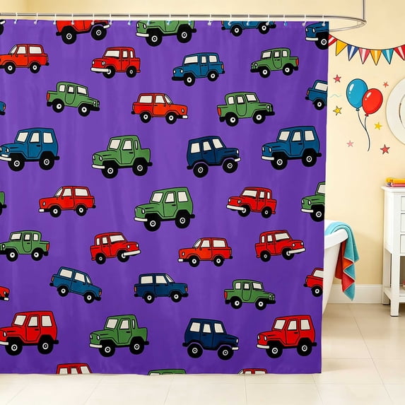 Erosebridal Cartoon Car Shower Curtain 72Wx84L, Automobile Bathroom Shower Curtain, Purple Blue