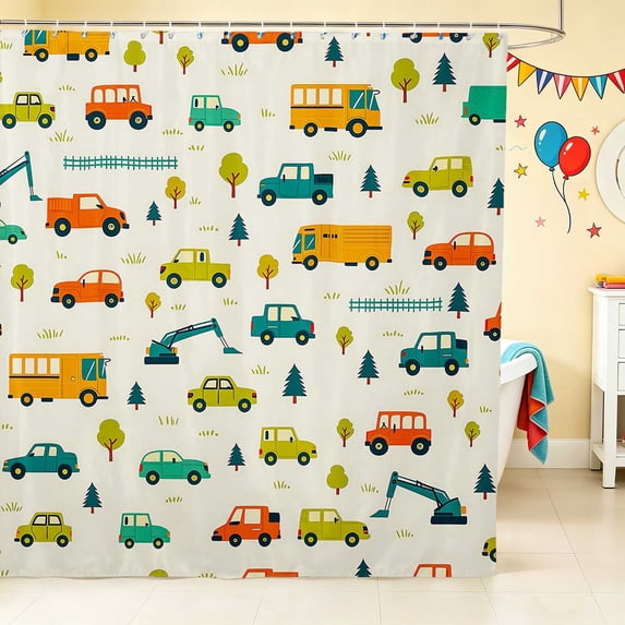 Erosebridal Cartoon Car Shower Curtain 72Wx84L, Automobile Bathroom Shower Curtain, Yellow White