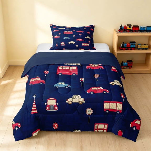Erosebridal Cartoon Car Twin Comforter Sets, Automobile Bedding Set, Navy Blue, Navy Reversible 2 Pieces 1 Comforter and 1 Pillowcase