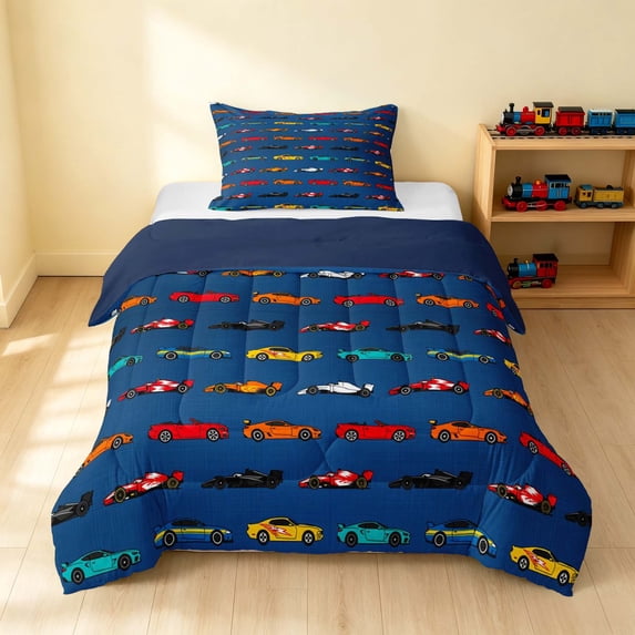 Erosebridal Cartoon Car Twin Comforter Sets, Sports Car Bedding Set, Navy Blue, Navy Reversible 2 Pieces 1 Comforter and 1 Pillowcase
