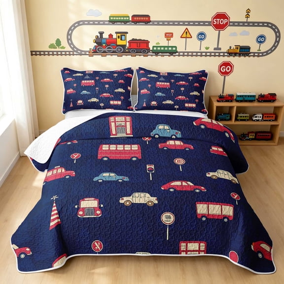 Erosebridal Cartoon Car Twin Quilt Set, Automobile Twin Coverlet Set, Navy Blue 2-Piece 1 Bedspread and 1 Pillowcase