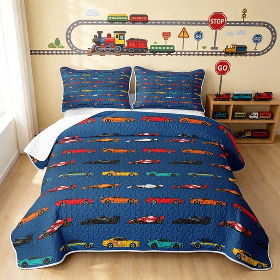 Erosebridal Cartoon Car Twin Quilt Set, Sports Car Twin Coverlet Set, Navy Blue 2-Piece 1 Bedspread and 1 Pillowcase