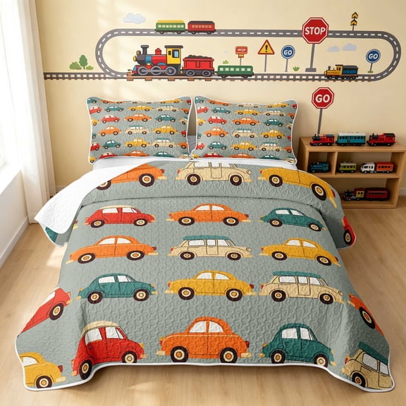 Erosebridal Cartoon Car Twin Quilt Set, Teal Twin Coverlet Set, Teal White 2pcs 1 Bedspread and 1 Pillowcase