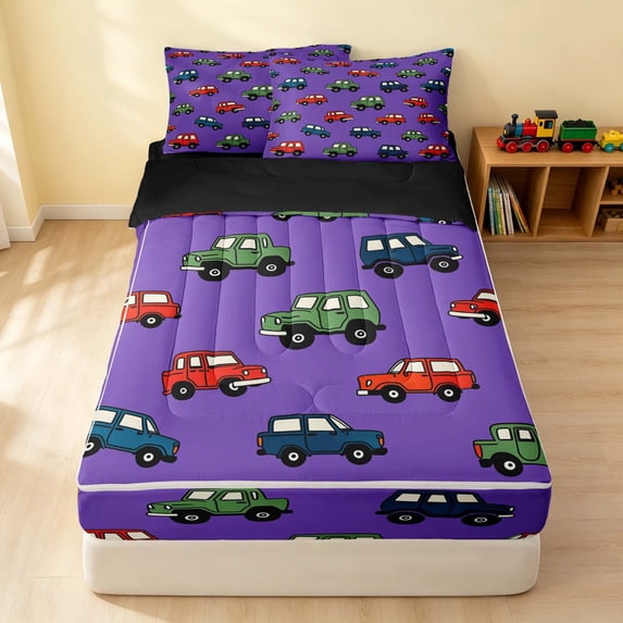 Erosebridal Cartoon Car Zipper Full Size Comforter Sets with Fitted Sheet and 2 Pillowcases, Automobile Zipper Bedding Set, Purple Blue, Black Reversible