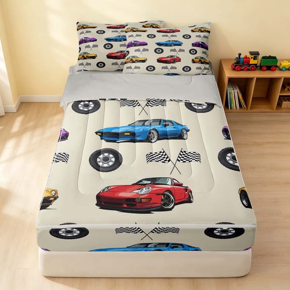 Erosebridal Cartoon Car Zipper Full Size Comforter Sets with Fitted Sheet and 2 Pillowcases, Trophy Zipper Bedding Set, Cream Multi, Gray Reversible