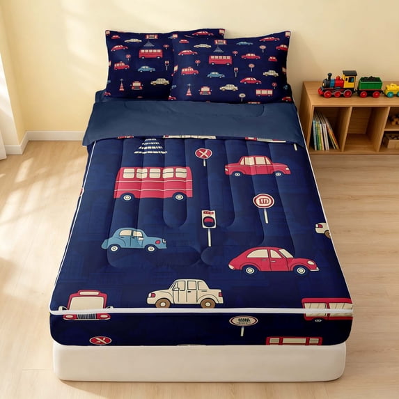 Erosebridal Cartoon Car Zipper Twin Comforter Sets with Fitted Sheet and 2 Pillowcases, Automobile Zipper Bedding Set, Navy Blue, Navy Reversible