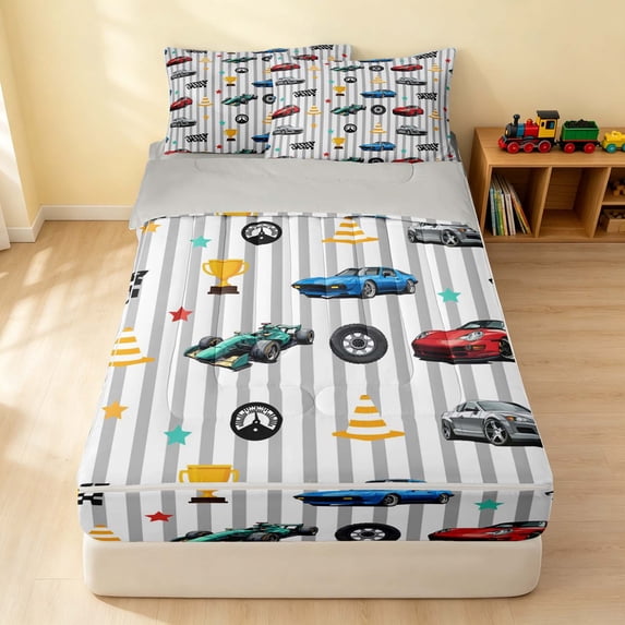 Erosebridal Cartoon Car Zipper Twin Comforter Sets with Fitted Sheet and 2 Pillowcases, Trophy Zipper Bedding Set, White Multi, Gray Reversible