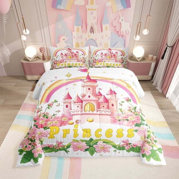 Erosebridal Cartoon Castle Bedding Sets Twin with Comforter, Rainbow Flower Duvet Insert, Princess Style Decor, Reversible 2pcs