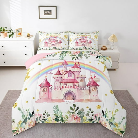 Erosebridal Cartoon Castle Bedding Twin Comforter Set,Kawaii Fairy Down Comforter,Dreamy Princess Decoration,Reversible,2-Piece