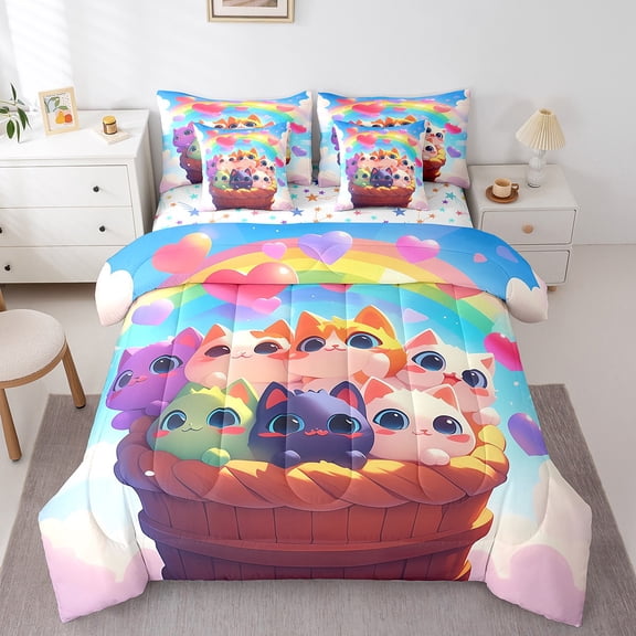 Erosebridal Cartoon Cat Bed in a Bag Full size, Rainbow Bed Set, Dreamy Sky Cloud Reversible Bedding Full Size, Ultra Soft Room Decorative, 7-Piece