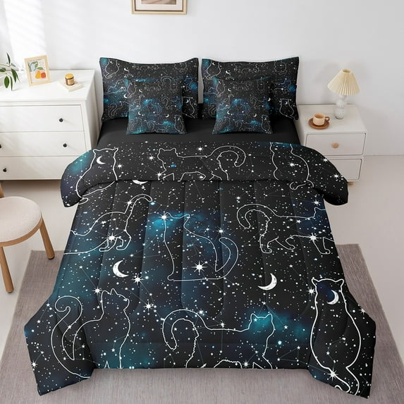 Erosebridal Cartoon Cat Bedding Sets Twin Size,Universe Starry Sky Comforter Sets with Sheets,Breathable Reversible Bed in a Bag Twin size,Animal Room Decorative,7pcs