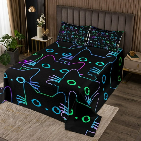 Erosebridal Cartoon Cat Bedspread Set King Cute Black Cat Quilt Set Gradient Line Kitten Coverlet Set, 3D Neon Rainbow Cat Bedding Set For Teens Adults Room Decor, 3Pcs Bed Set