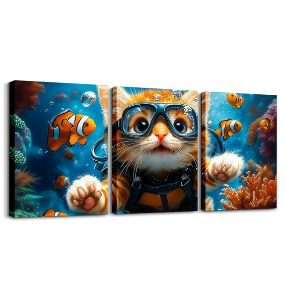 Erosebridal Cartoon Cat Canvas Wall Art for Bedroom, Ocean Sea Fish Animal Wall Hanging Decor for Living Room
