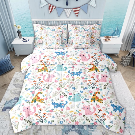 Erosebridal Cartoon Cat Kitten Bedding Comforter Set for Kid, Flower Floral Full Bedding Set, 7-Piece