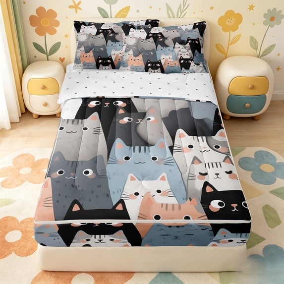 Erosebridal Cartoon Cat Zipper Twin Comforter Sets with Fitted Sheet and 2 Pillowcases,Multi Kitten Cute Zipper Bedding Set For Girls,Reversible,4 Pieces