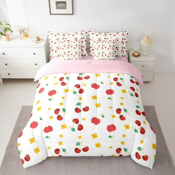 Erosebridal Cartoon Cherry Bedding King Size, Vintage Floral Bed in a Bag King size, Princess Room Decor, Reversible 7pcs