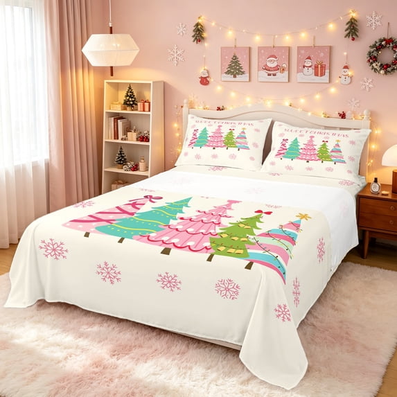 Erosebridal Cartoon Christmas Tree Bed Sheets, Winter Snowflake Full Size Sheets, Cream Pink, Pink Reversible, 4pcs, 1 Flat Sheet, 1 Fitted Sheet and 2 Pillowcases
