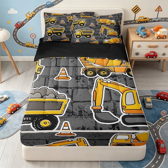 Erosebridal Cartoon Construction Sticker Zipper Twin Comforter Sets with Fitted Sheet and 2 Pillowcases,Excavator Dump Truck Gray Brick Zipper Bedding Set For Boys,Black Reversible,4-Piece