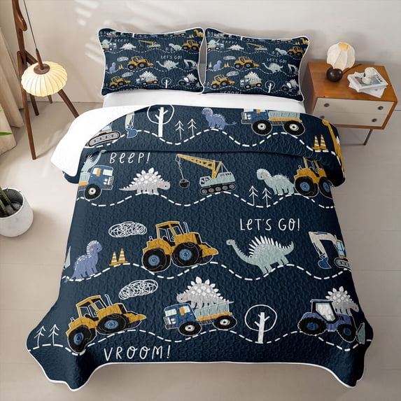 Erosebridal Cartoon Construction Truck Bed Spread Queen for Boys Men, Kawaii Dinosaur Queen Coverlet Set, 3pcs