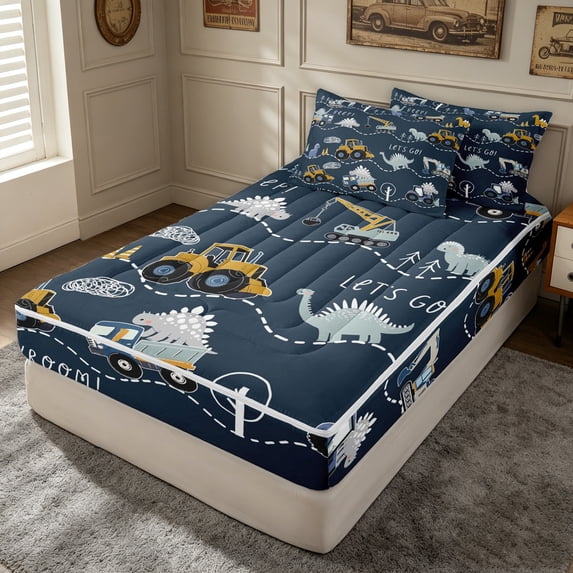 Erosebridal Cartoon Construction Truck Zipper Twin Comforter Sets with Fitted Sheet and 2 Pillowcases for Boys Men, Kawaii Dinosaur Zipper Bedding Set, Navy Reversible, 4pcs