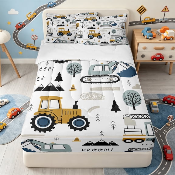 Erosebridal Cartoon Construction Truck Zipper Twin Comforter Sets with Fitted Sheet and 2 Pillowcases,Pine Tree Zipper Bedding Set For Boys,4pcs