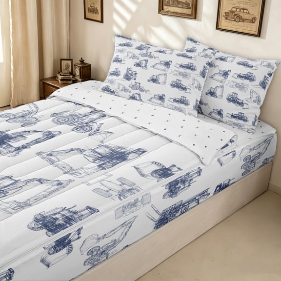 Erosebridal Cartoon Construction Vehicle Zipper Twin Comforter Sets with Fitted Sheet and 2 Pillowcases for Boys Men, Blue Sketch Engineering Car Zipper Bedding Set, Reversible, 4pcs
