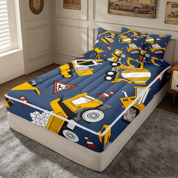 Erosebridal Cartoon Construction Vehicle Zipper Twin Comforter Sets with Fitted Sheet and 2 Pillowcases for Boys Men, Traffic Sign Print Zipper Bedding Set, Navy Reversible, 4 Pieces