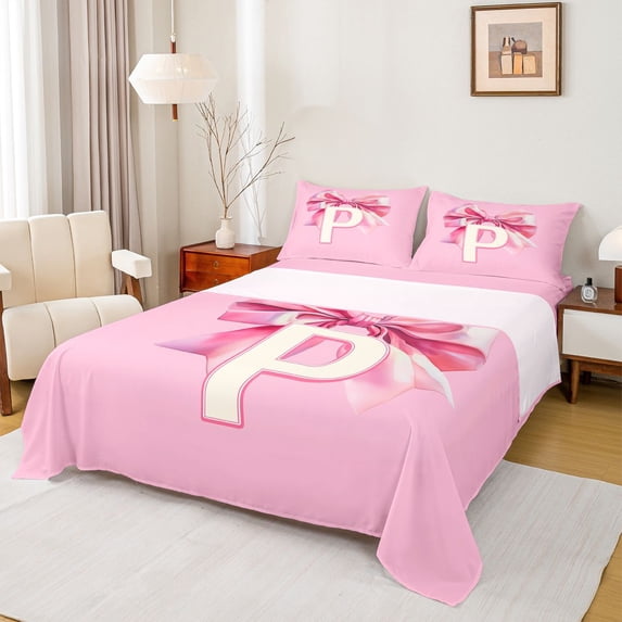 Erosebridal Cartoon Coquette Bowknot Girls Bed Sheets,Letter P Monogrammed King Sheets For Kids 4 Pieces